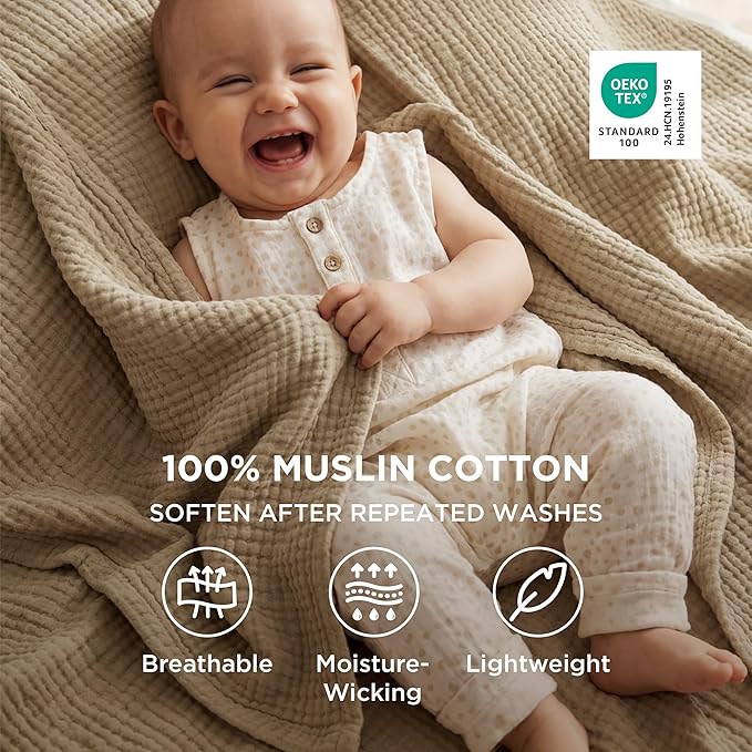 Bedsure 100% Cotton Muslin Blanket Queen Size for Bed - 4-Layer Breathable and Lightweight Thin Soft Summer Gauze Muslin Blankets for Adults, Light Brown, 90x90 Inches