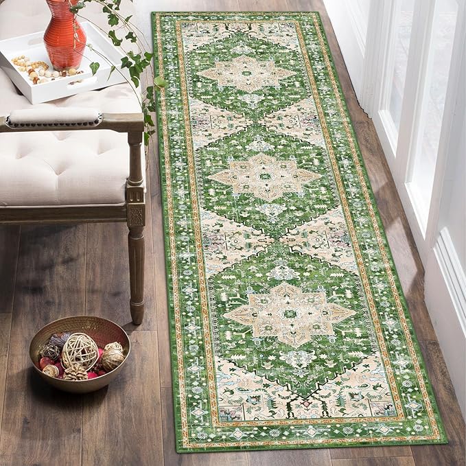 Yamaziot Washable Runner Rug, 2x8 Non-Slip Boho Vintage Hallway Rug Runner with Rubber Backing, Stain Resistant & Low Pile Faux Wool Distressed Carpet Runner for Bedroom, Kitchen, Laundry, Entrance