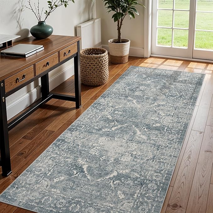 Washable 3x8 Runner Rug - Non-Slip Vintage Runner Rug for Entryway Low-Pile Medallion Long Rugs for Hallway Waterproof Traditional Runner Rug Indoor Thin Rug for Kitchen (Muted Blue)