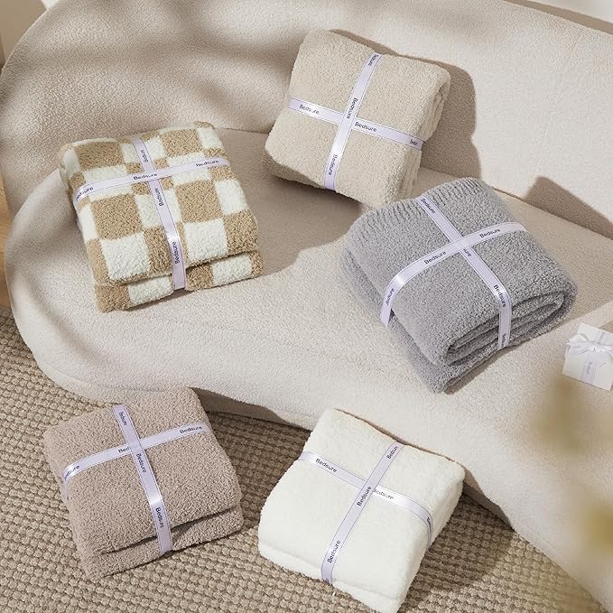 Bedsure Beige Knit Throw Blanket for Couch - Super Soft, Cozy, Fuzzy Knitted Blankets Dupes, Breathable Warm Fluffy Lightweight Throws for Chair, Sofa, Bed, Picnic, Gifts for Women, 50x60 Inches