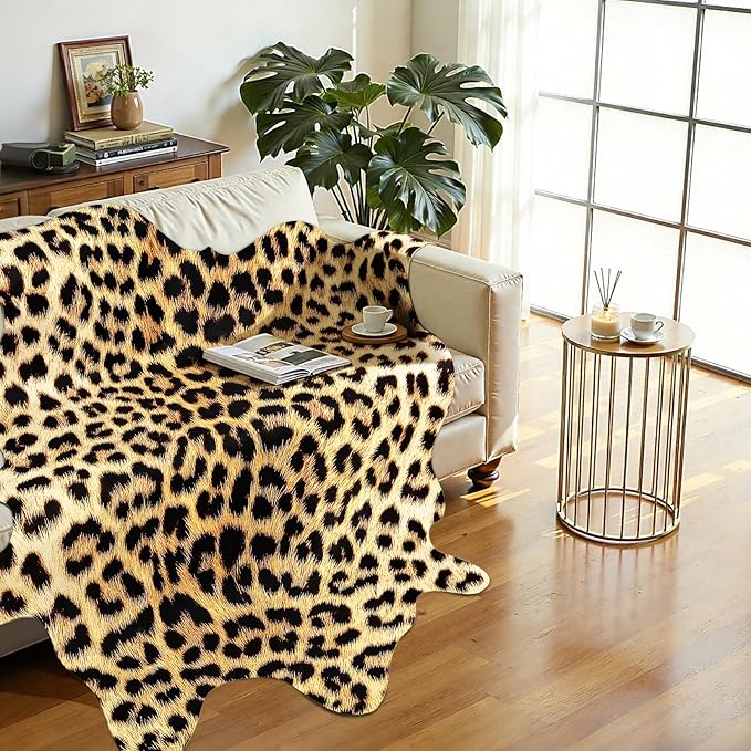 AROGAN 5.2 x 6.2 Ft Faux Leopard Rug, Premium Animal Skin Cheetah Hide Rug, Sturdy Cheetah Print Rugs for Wall Decor, Western Floor Carpet Decor for Bedroom Living Room, Black and Gold