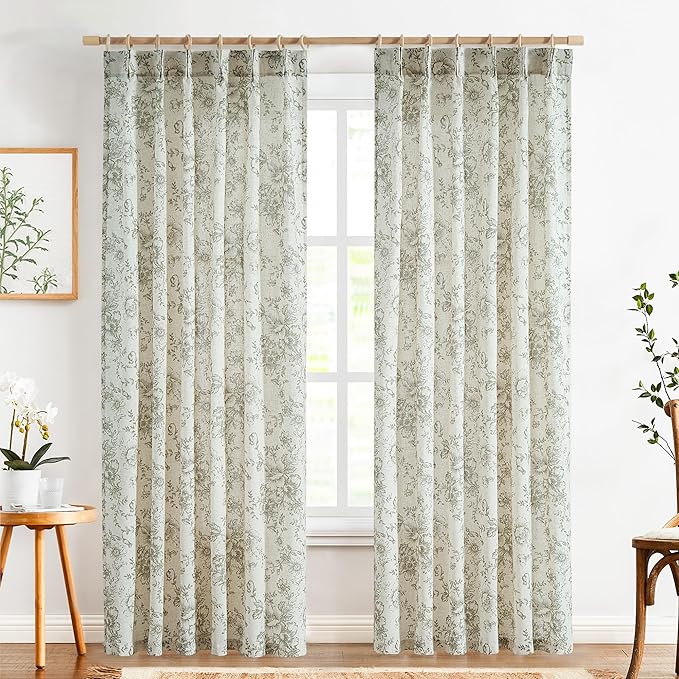 jinchan Pinch Pleated Curtains Floral Linen Blend Curtains for Living Room 84 Inches Length Green Peony Flower Printed Curtain Rod Pocket Back Tab Farmhouse Drapes with Hooks Set 2 Panels