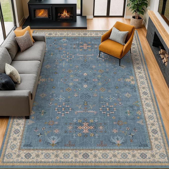 Hazo Haus Boho 9x12 Soft Rugs for Living Room - Dark Blue Rugs for Bedroom Aesthetic, Dining Room Under Kitchen Table, Washable Soft Non Slip Large Area Eclectic Unique Décor