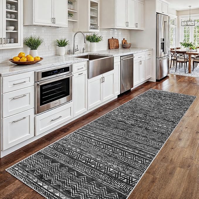 2x8 Washable Kitchen Runner Rug: Modern Moroccan Runners for Hallway Soft Non Slip Rugs with Rubber Backing Low Pile Thin Waterproof Floor Carpet for Entryway Bedroom Bathroom Indoor 2x8 Black