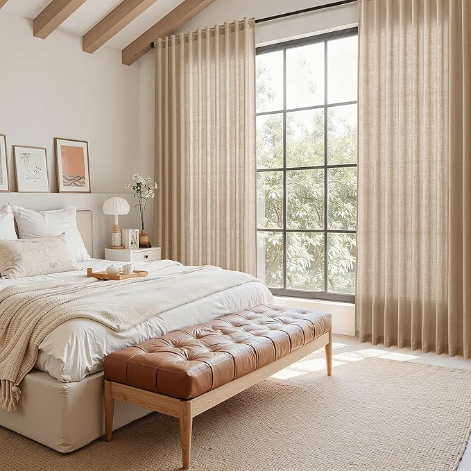 Nanspring Sand Beige Curtains 120 Inches Long for Living Room Linen Textured Simple Modern Semi Sheer Curtains Back Tab Floor to Ceiling Lightweight Curtain for Bedroom Office 52x120, 2 Panels
