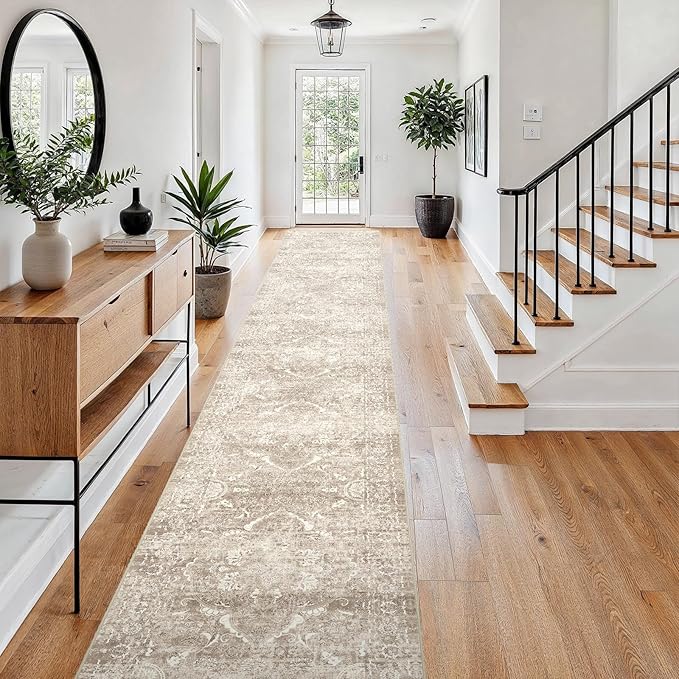 3x20 Washable Hallway Runner Rug - Non Slip Kitchen Runner Rugs with Rubber Backing Vintage Low-Pile Carpet Runners for Entryway Dining Room Laundry Room Home Decor (Beige)
