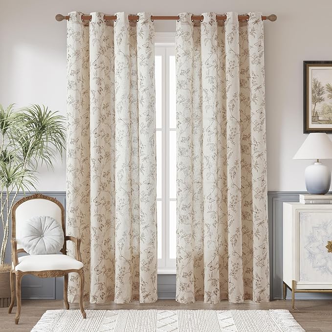 jinchan Floral Linen Curtains for Living Room 84 Inch Length Butterfly Curtain Taupe Floral Curtains French Country Farmhouse Curtain Flower Patterned Drapes Window Treatment Set 2 Panels