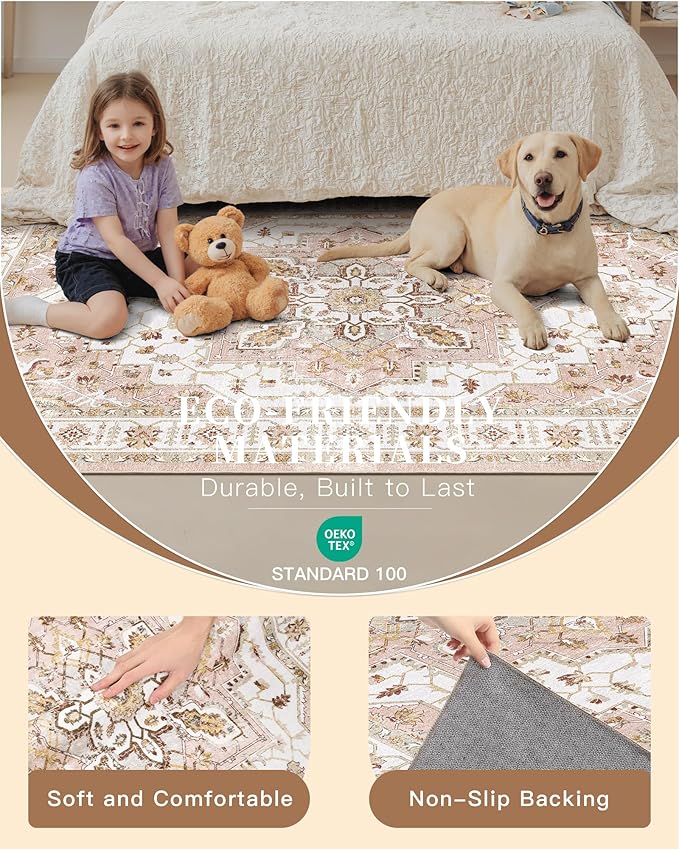 Madane Washable Runner Rug - 2x6 Rug Runners for Hallways 6 Feet Non Slip Vintage Kitchen Runner Rug Ultra-Thin Bathroom Runner Rugs Carpet Laundry Room Bedroom (2x6ft, Pink)