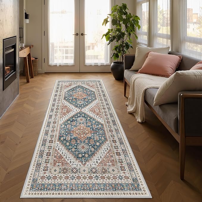 Runner Rug 2x6, Ultra-Thin Entryway Rug Non Slip Washable Rugs for Laundry Room, Runners for Hallways, Vintage Soft Rugs for Living Room, Kitchen, Bedroom(Blue/Red,2'x6')
