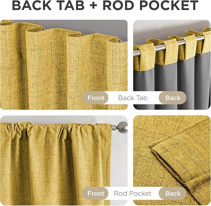 Joydeco Blackout Curtains for Bedroom - 100% Light Blocking 2 Panels Set Yellow Drapes 37" W x 63" L, Thermal Insulated Room Darkening Curtains, Linen Textured for Living Room, Rod Pocket & Back Tabs