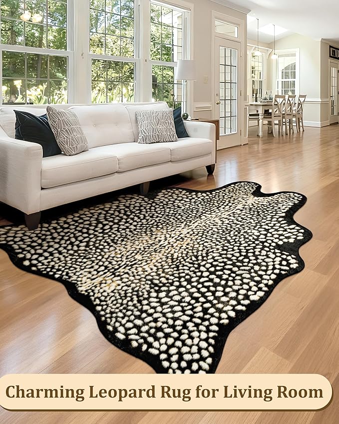 Leopard Print Rug for Living Room, Cheetah Rug 5.2x7 Faux Animal Print Skin Cheetah Area Rug for Bedroom Nursery Animal Fur Hide Irregular Shaped Rustic Antelope Black