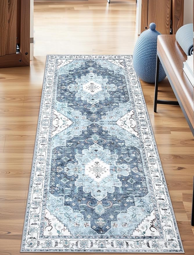 SERISSA Boho Washable Runner Rug, 2x5 Rug Non-Slip Vintage Blue Hallway Kitchen Runner Rug Ultra Soft Print Distressed Floor Carpet for Bedroom Bathroom Laundry Living Room