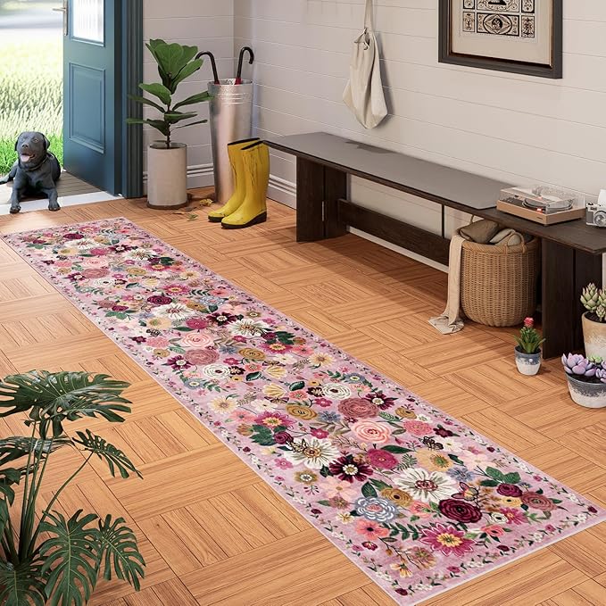 Pink Floral Hallway Runner Carpet Non-Slip, 2x10 Washable Rug Ultra-Thin Soft for Hallways, Kitchen Mat Stain Resistant for Entryway Bathroom (2 x 10, Pink Garden)