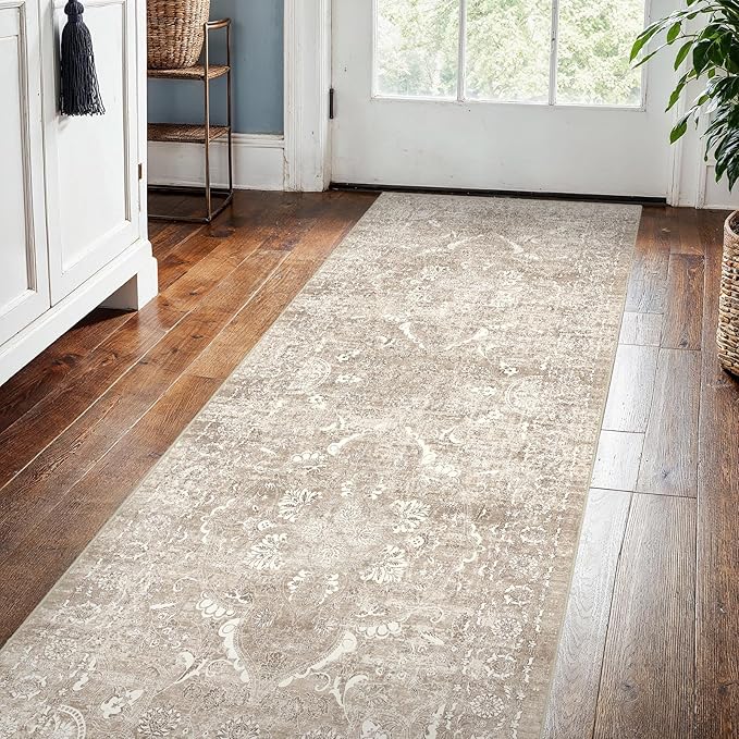 2x5 Washable Hallway Runner Rug - Non Slip Kitchen Runner Rugs with Rubber Backing Vintage Low-Pile Carpet Runners for Entryway Dining Room Laundry Room Home Decor (Beige)