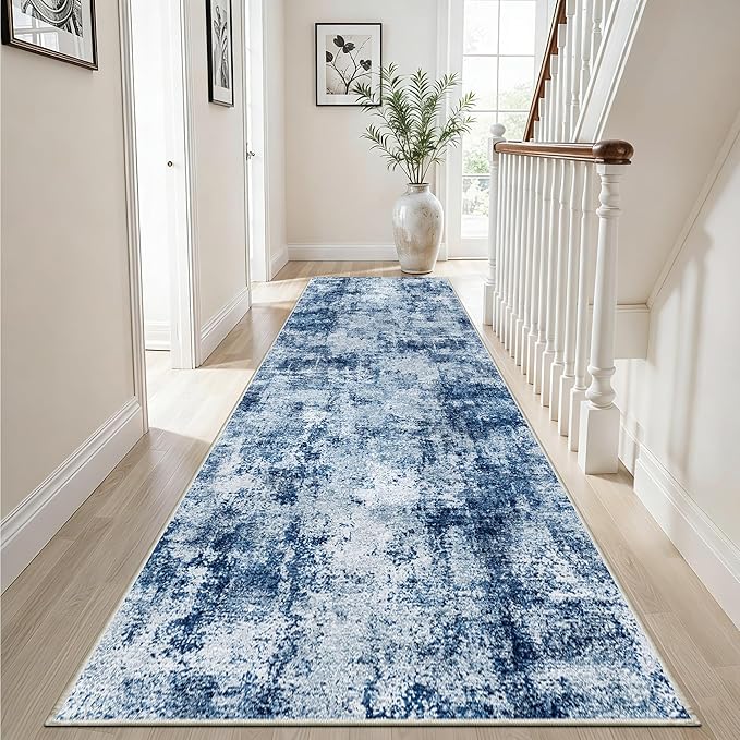 3x10 Washable Runner Rug for Hallway: Non Slip Runners Rugs Easy-to-Clean - Soft Living Room Bedroom Kitchen Carpet - Thin Low Pile Printed Floor Mat for Dining Room Blue
