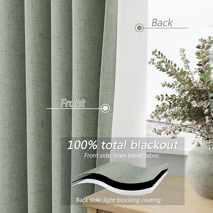 Guken 100% Blackout Curtains 96 Inch Length 2 Panels Set for Living Room Bedroom Back Tab Thermal Insulated Black Out Linen Drapes Room Darkening Window Curtains 96 Inches Long,Desert Sage