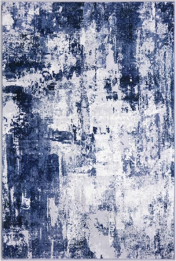 KOZYFLY Modern Abstract 3x5 Area Rug Washable Bedroom Rug Throw Entry Mat Non-Slip Stain Resistant Carpet Dining Room Rug with Soft Low Pile for Living Room Kitchen Bath Office, Navy Blue/Grey/White