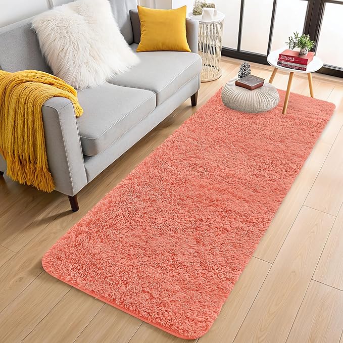 OLANLY 2x4 Machine Washable Runner Rugs for Hallway, Soft Fluffy Shaggy Bedside Rugs for Bedroom, Living Room, Indoor Floor Carpet for Kids Girls and Boys, Home Decor Aesthetic, Coral Red