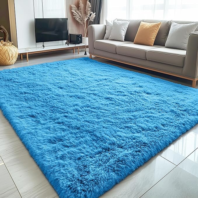 OLANLY 5x8 Machine Washable Large Area Rugs for Living Room, Bedroom, Soft Fluffy Shaggy Bedside Rug, Indoor Floor Carpet for Kids Girls and Boys, Dorms, Nursery, Home Decor Aesthetic, Bright Blue