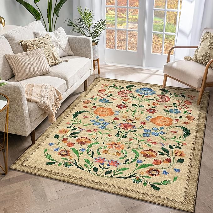 GarveeHome Washable Rug 4x6 Area Rugs for Living Room, Floral Rug for Bedroom, Soft Boho Non Slip Throw Rugs with Rubber Back, Low Pile Stain Resistant Vintage Floral Carpet for Dining Room, Beige
