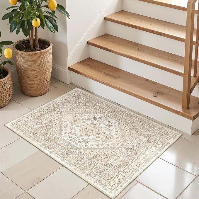 Entryway Rug - 2x3 Washable Rug Runner for Bathroom, Laundry Room, Kitchen, Soft Vintage Hallway Runner for Bedroom, Non-Slip Door Mat Indoor Entrance(Cream/Beige,2'x3')