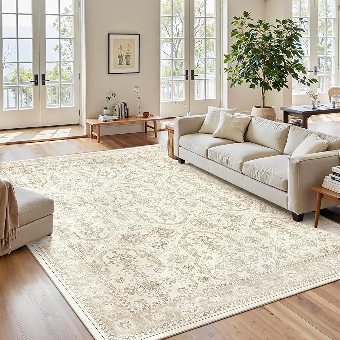 Area Rugs 5x7, Washable Rug, Stain Resistant 5x7 Area Rugs for Living Room Bedroom Dining Room, Vintage Gray Farmhouse Rug Beige