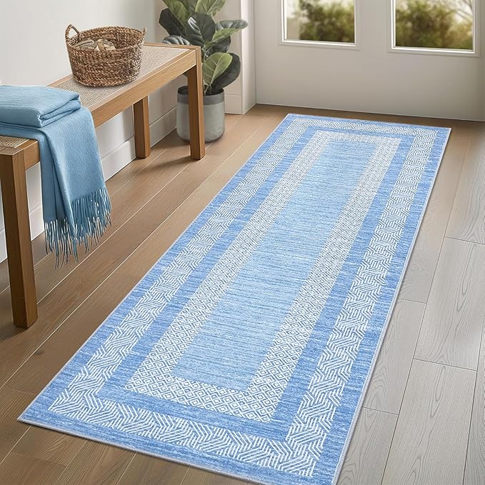 GarveeHome 2.5x8 Modern Bordered Runner Rug Soft Non Slip Washable Floor Carpet Distressed Geometric Hallway Indoor Printed Rug for Kitchen Entrance, Light Blue