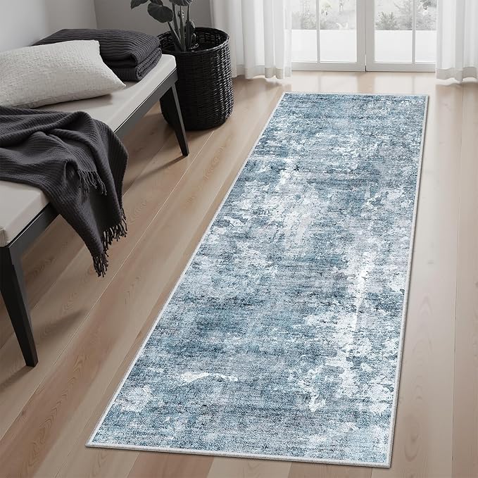 Runner Rug 2'x6' Abstract Washable Non-Slip Runner Rugs for Kitchen Bathroom Laundry Room Blue Vintage Floor Carpet Runners for Hallway Entryway