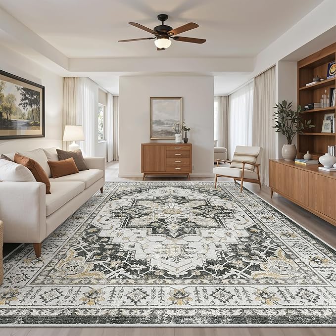 Madane Washable Rug 8x10 Area Rugs for Living Room, Ultra-Thin Non-Slip Backing Rug, Stain Resistant Vintage Large Area Rug for Bedroom (Black, 8'x10')