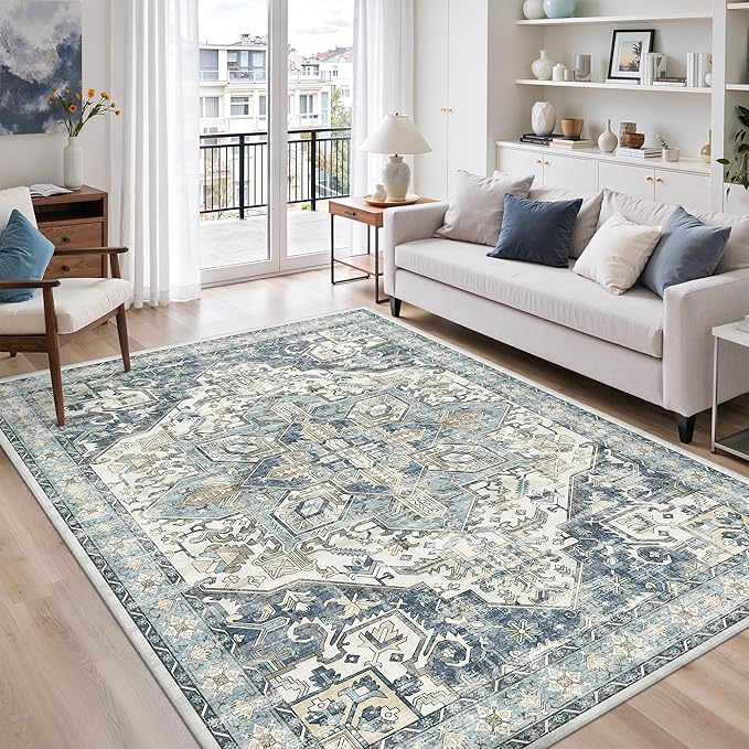zesthome 5x7 Washable Rug-Stain Resistant Area Rugs for Living Room, Ultra-Thin Vintage Rugs, Non-Slip Backing Rug, Low Pile Large Area Rug, Boho Home Decor