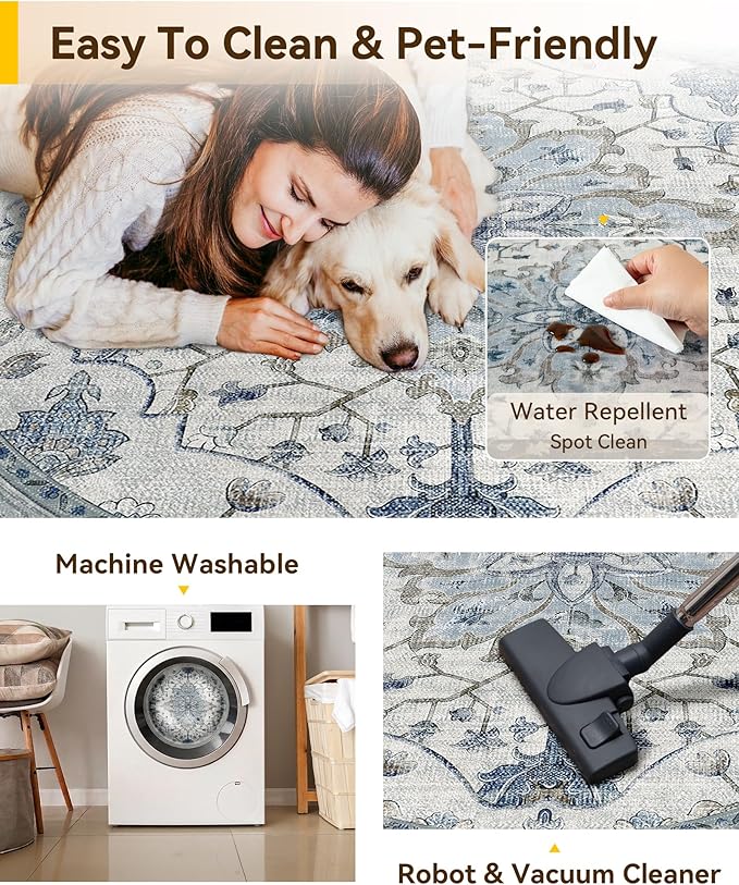 RELEANY Area Rugs 5ft Washable Non-Slip, Floral Vintage Distress Print Pattern Medallion Carpet for Living Room Bedroom Dining Room, Light Blue Navy Beige Gray White