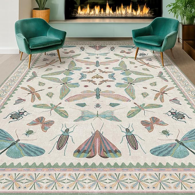 Green and Blue Rugs for Bedroom - Washable 6x8 Area Rug for Living Room, Dining Room, Non Slip Fun Insect Cute Kid Room Carpet, Stain Resistant Low Pile & Soft