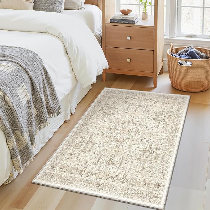 Washable 2x3 Entryway Area Rug - Small Non Slip Vintage Kitchen Runner Rugs Indoor Entrance Soft Neutral Stain Resistant Bathroom Mat Farmhouse Carpet for Bedroom Living Room Entry Laundry 2'x3' Beige