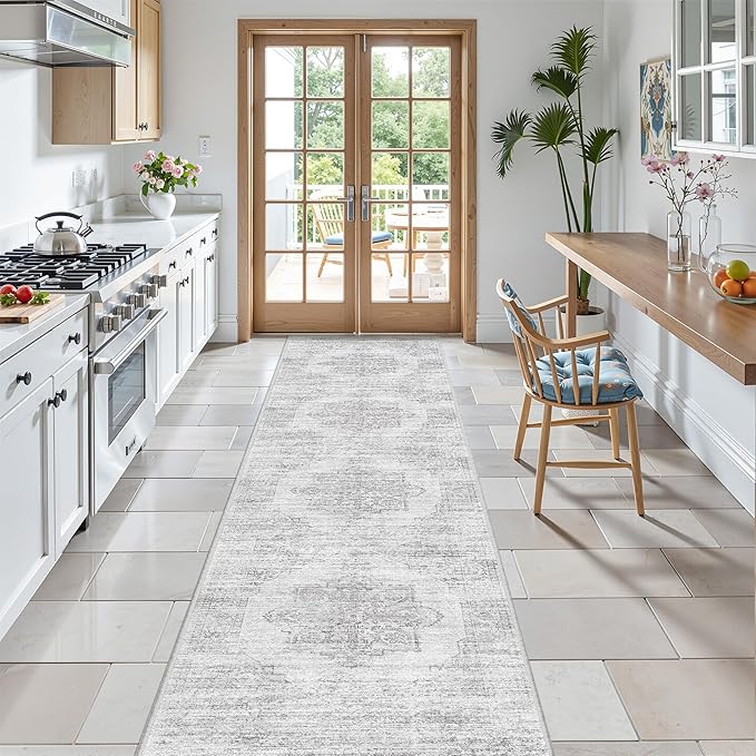 2x8 Runner Rug, Washable Runners for Hallways wirh Rubber Backing, Stain Resistant Kitchen Rug, Soft Thin Carpet Runner for Entrance, Bedroom, Living Room Indoor(2'x8', Light Grey/White)