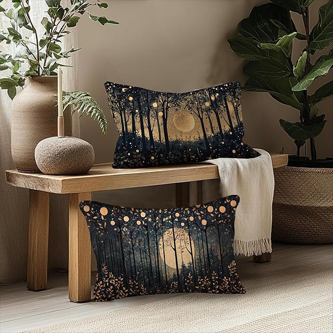 Rustic William Morris Inspired Gold Moon Pillow Covers 12x20 Set of 2,Vintage Black and Gold Moon Forest Botanical Nature Landscape Decorative Throw Pillow Covers for Home Bedroom Living Room