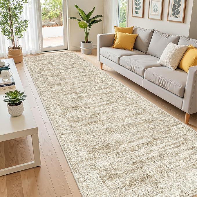 Washable Runner Rug 2.5x12, Non-Slip Long Bathroom Rugs Runner for Kitchen, Living Room, Bedroom, Soft Vintage Washable Rug for Entryway, Thin Floor Mat for Dining Room(2.5'x12', Brown/Ivory)
