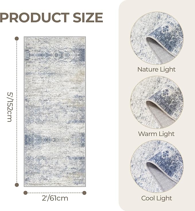 2x5 Rug Runner Washable for Entryway, Soft Bathroom Rugs with Non-Slip Backing, Abstract Low Pile Hallway Runner, Vintage Small Kitchen Carpet for Laundry Room(2'x5', Blue/Brown/Ivory)