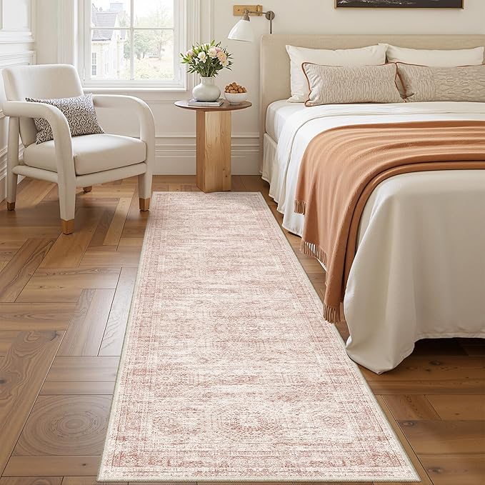 Rug Runners for Hallways Non Slip - 2x8 Runner Rug for Bedroom, Washable Runner with Rubber Backing, Soft Low-Pile Carpet for Kitchen, Laundry, Bathroom (2'x8', Pink/Ivory)
