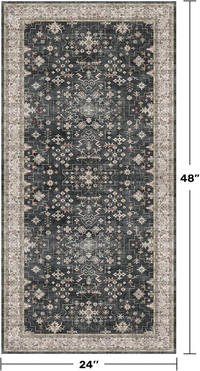 2x4 Entryway Runner Rugs, Small Runners for Kitchen, Door Mat Indoor Entrance, Bathroom, Non-Slip Low-Pile Washable Stain Resistant, Vintage Ashen Charcoal Floral Decor (Ashen/Multi)
