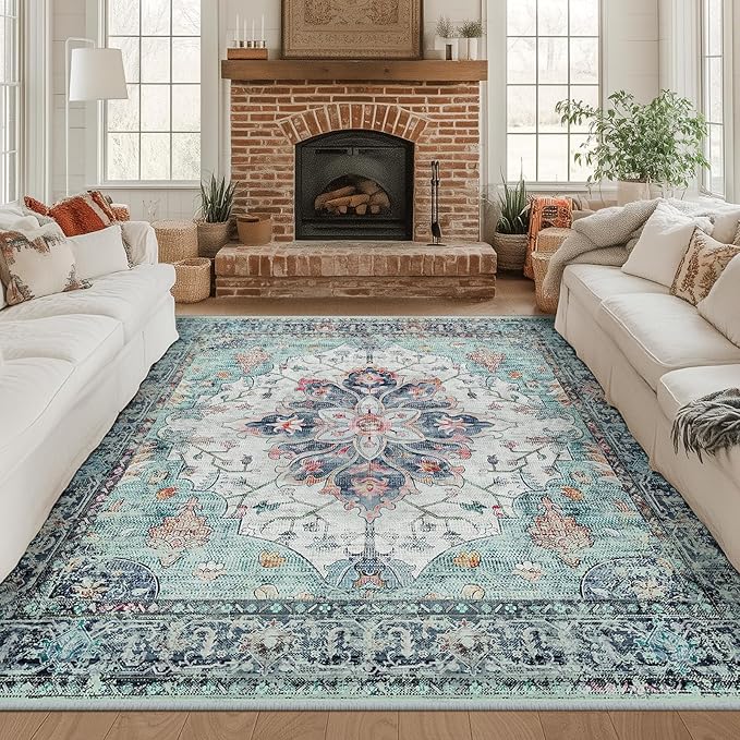 Area Rugs Square 8ft Washable Non-Slip, Floral Vintage Distress Print Pattern Medallion Carpet for Living Room Bedroom Dining Room, Green Navy Blue White Red Teal Colorful