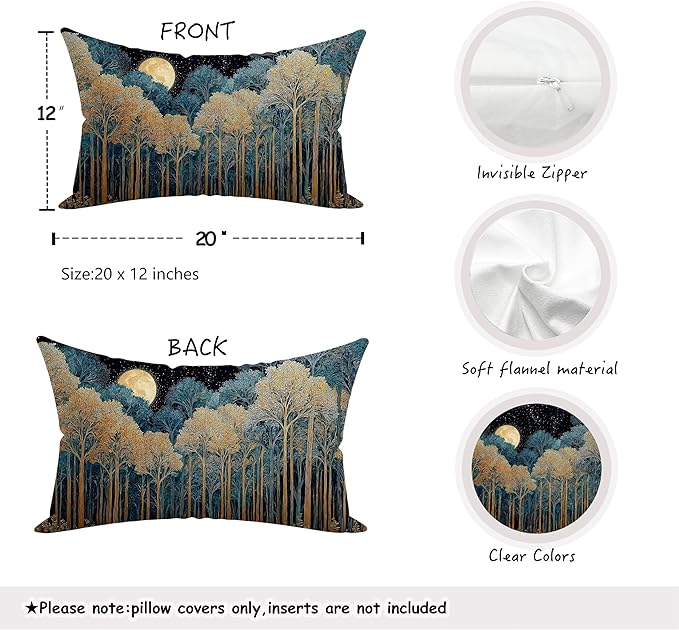 Rustic William Morris Inspired Forest Green Moon Decor Pillow Covers 12x20 Set of 2,Vintage Night Moon Botanical Nature Landscape Decorative Throw Pillow Covers for Home Bedroom Living Room