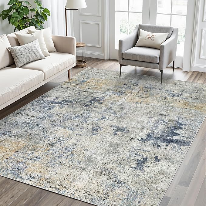 Abstract Rug 5x7 Machine Washable Area Indoor Blue Yellow Low Pile Non-Slip Foldable Thin Accent Rugs for Bedroom Living Room Dining Room