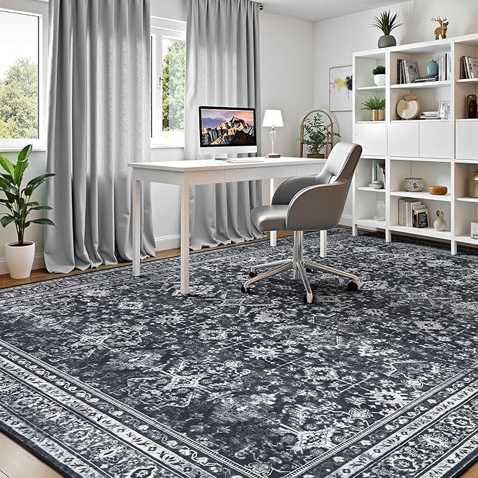 Lofus 8x10 Area Rug for Living Room,Black Washable Area Rugs with Non-Slip Backing,Soft Boho Carpets for Bedroom Dining Room Home Office Indoor Nursery