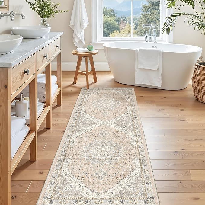 Madane Washable Runner Rug - 2x6 Rug Runners for Hallways 6 Feet Non Slip Vintage Kitchen Runner Rug Ultra-Thin Bathroom Runner Rugs Carpet Laundry Room Bedroom (2x6ft, Pink/Gray)