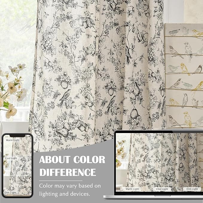 jinchan Linen Floral Curtains for Living Room 96 Inch Length Black Printed Flower Light Filtering French Country Curtain Farmhouse Cottage Core Toile Curtains Back Tab Window Drapes Set 2 Panels