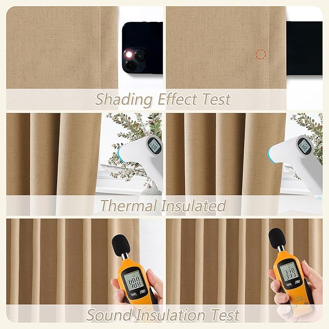 Guken Camel Brown 100% Blackout Linen Curtains 90 Inch Length 2 Panels Set for Living Room Bedroom Back Tab/Rod Pocket Thermal Insulated Black Out Drapes Room Darkening Window Curtains 90 Inches Long