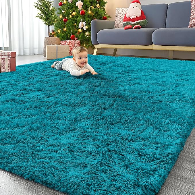 OLANLY 9x12 Machine Washable Large Area Rugs for Living Room, Bedroom, Soft Fluffy Shaggy Bedside Rug, Indoor Floor Carpet for Kids Girls and Boys, Dorms, Nursery, Home Decor Aesthetic, Teal