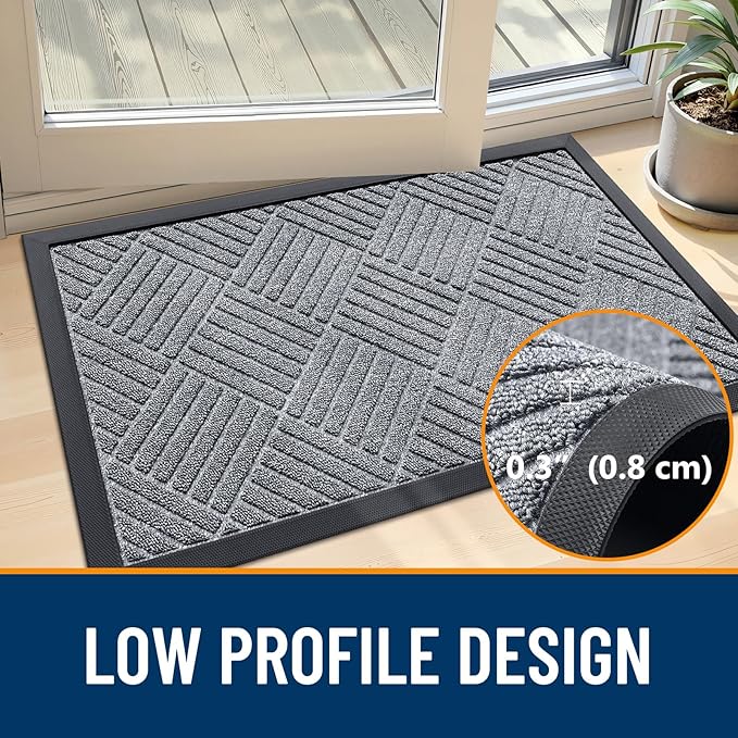 OLANLY Front Door Mat Outside Entrance 47x23, Absorbent, Heavy Duty Sturdy Natural Rubber Doormat Indoor Outdoor, Stain Fade Resistant, Non-Slip Low Profile Floor Mat Entryway, Charcoal Gray Diamond