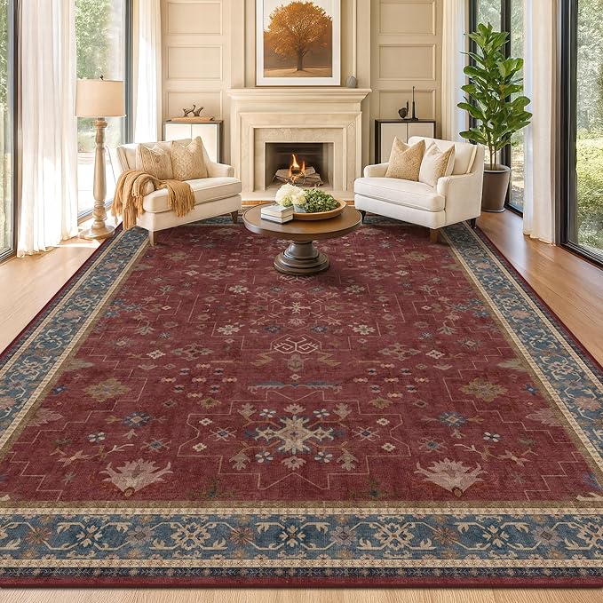 Hazo Haus Oriental 9x12 Soft Rugs for Living Room - Dark Red Rugs for Bedroom Aesthetic, Dining Room Under Kitchen Table, Washable Soft Non Slip Large Area Vintage Décor