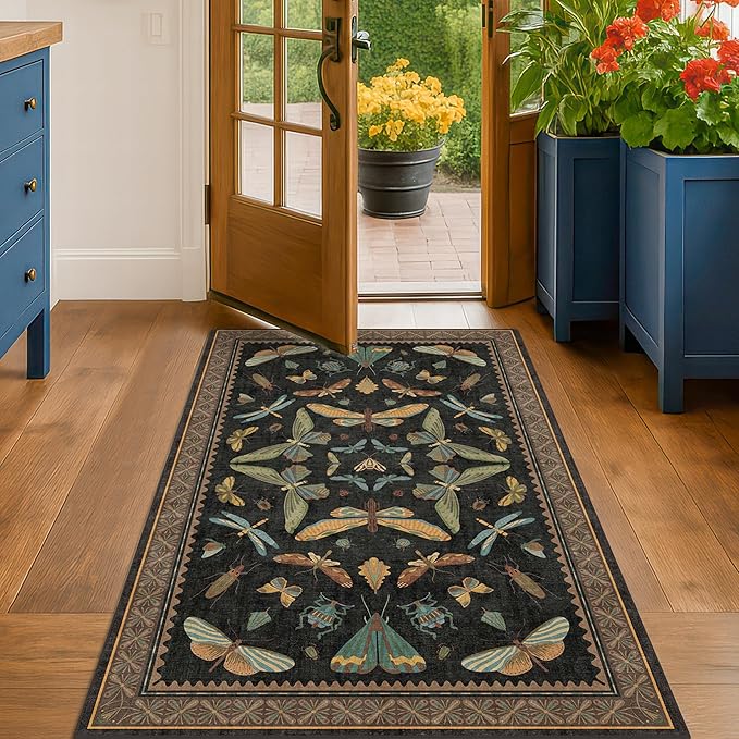 Green and Black Rug for Entryway Indoor- 3x6 Kitchen Floor Mats Non Slip, Washable Dark Unique Insect Print Rugs for Entry Way, Mudroom, Vintage Stain Resistant Indoor Décor